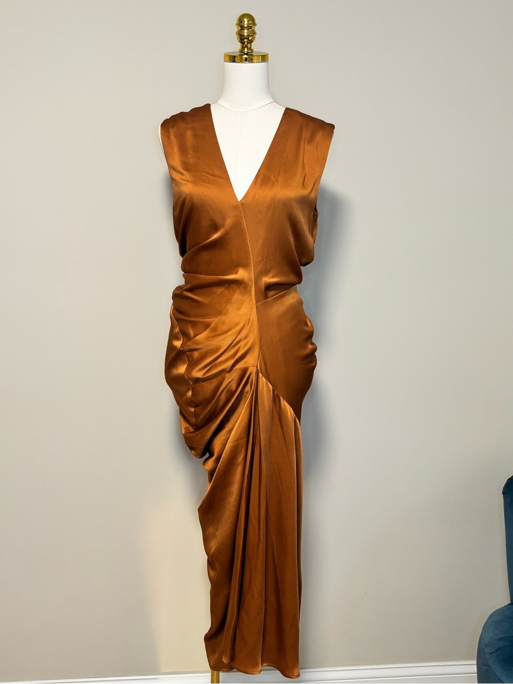 Dries Van Noten Daring Copper Draped Satin Midi Dress FR 38 US 6 NWT
